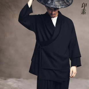 暗黑系秋季中长款汉服中国风男装假两件唐装外套亚麻道服大码道袍