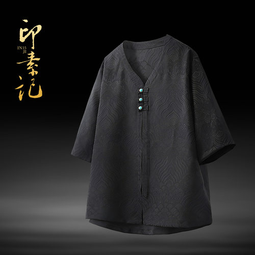 新中式禅意茶服中国风半袖衬衣V领夏季薄款绸缎情侣短袖衬衫