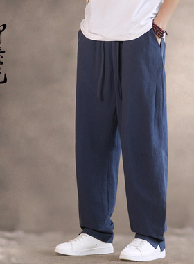 春秋款复古亚麻休闲裤男中国风大码阔腿裤棉麻太极裤宽松哈伦裤