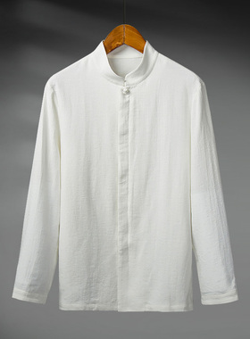春款款复古棉麻长袖衬衫男士亚麻衬衣中式唐装立领中国风上衣白色