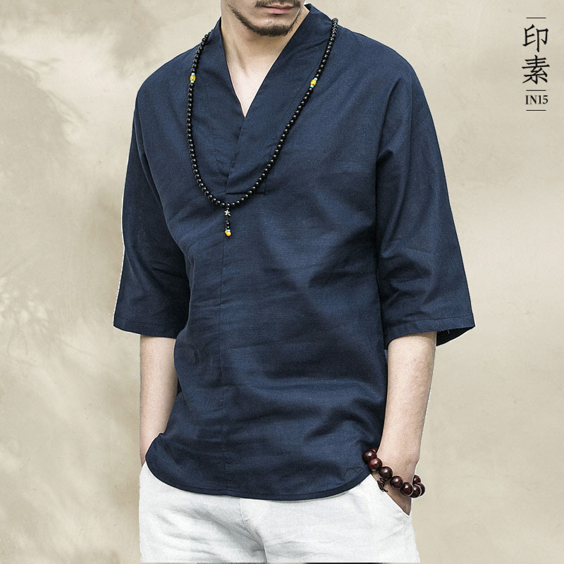 短袖复古风T恤V领中式汉服七分