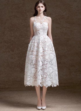 越南设计师高级感重工水溶刺绣隐形蕾丝背心长裙女神范白色连衣裙