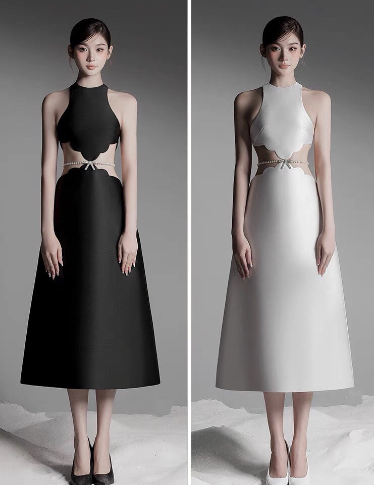 越南小众设计师轻奢性感假露腰珠链小礼服女轻奢缎面长款连衣裙