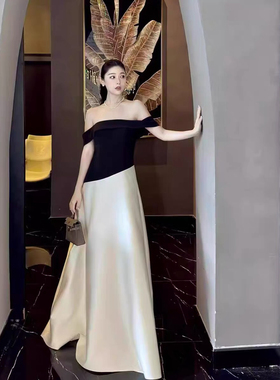 法式轻奢黑白撞色连衣裙越南小众设计师优雅一字肩可调节礼服长裙