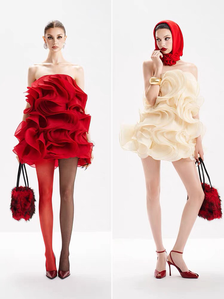 越南小众设计师法式重工多层立体感蓬蓬裙女精致网纱抹胸连衣裙