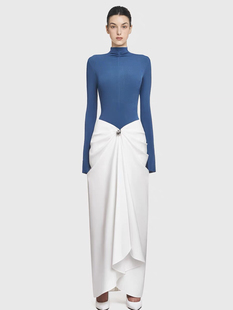 越南设计师气质弹力修身拼接腰身褶皱长裙半高领长袖不规则连衣裙