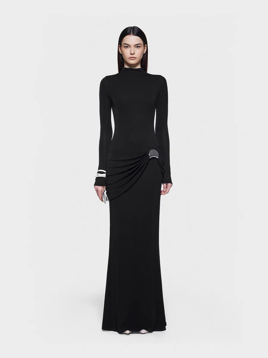 越南小众设计师修身鱼尾礼服裙女优雅气质针织抽褶弹力长袖连衣裙