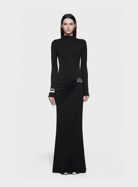 越南小众设计师修身鱼尾礼服裙女优雅气质针织抽褶弹力长袖连衣裙