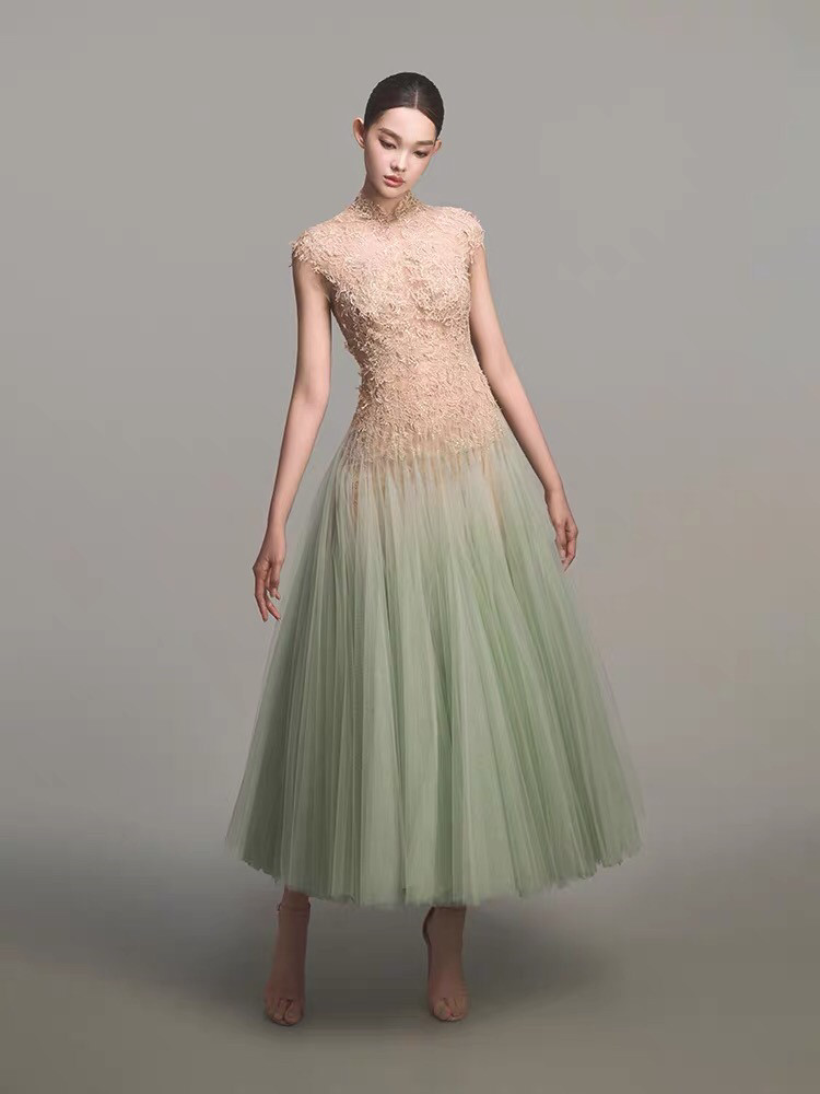 重工绝美蕾丝小礼服越南小众设计师渐变薄荷绿网纱露背仙女连衣裙