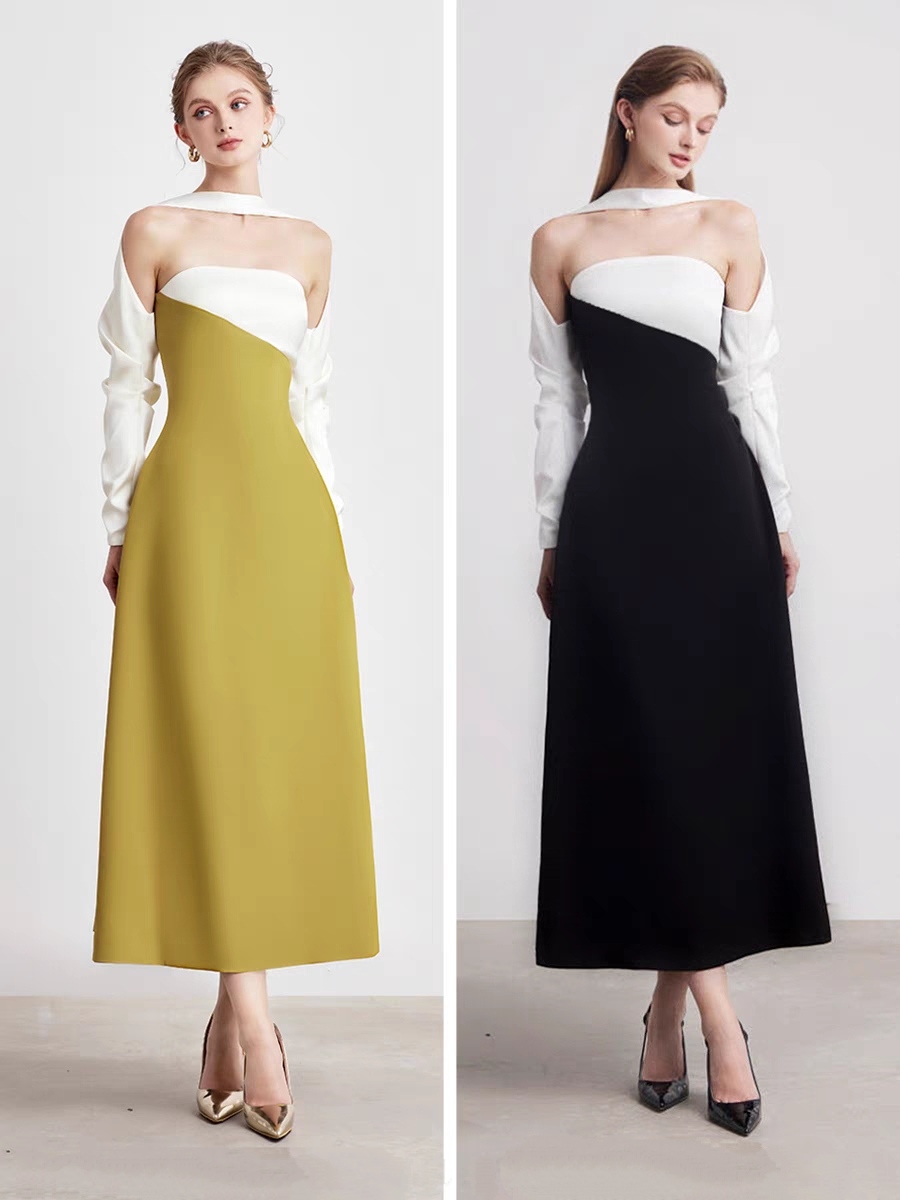 越南设计师挂脖撞色露肩礼服裙女芥末绿气质法式优雅高级感连衣裙