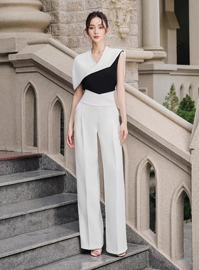 大气女神范黑白撞色套装设计师简约气质轻奢披肩上衣阔腿裤套装