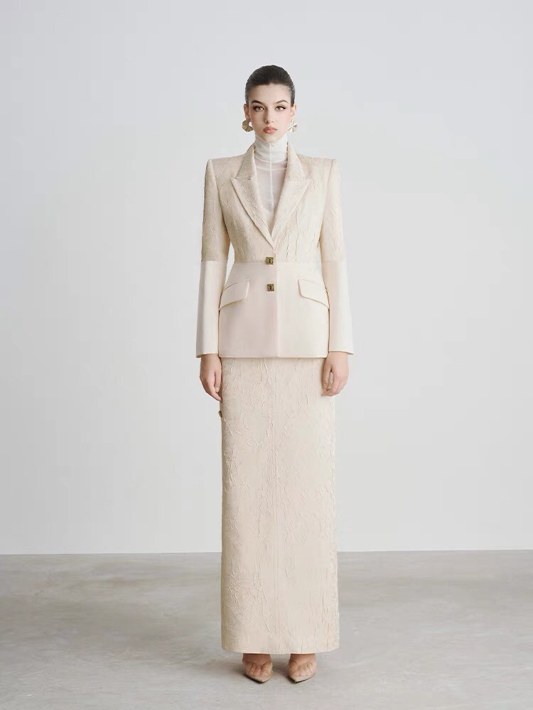 高级感优雅气质西装套装裙越南设计师御姐范收腰米色西装半裙通勤