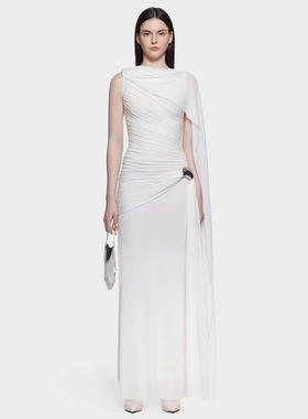 越南小众设计师气质不对称抽褶拖地长裙弹力针织披风无袖连衣裙