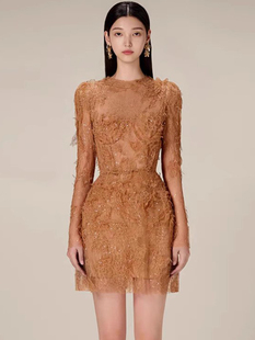 重工小众蕾丝连衣裙越南设计师长袖立体花瓣咖色透视轻奢气质短裙