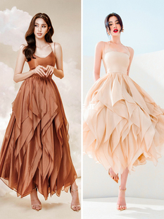 法式吊带收腰连衣裙越南设计师新款小众多层裙摆挂脖细肩带小礼服