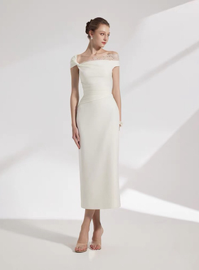 女神范斜肩小礼服设计师贵气感简约优雅宴会裙蕾丝拼接白色连衣裙