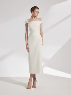 女神范斜肩小礼服设计师贵气感简约优雅宴会裙蕾丝拼接白色连衣裙