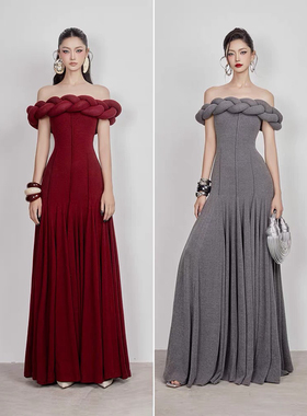 越南小众设计师收腰显瘦针织弹力长裙礼服麻花扭结一字肩连衣裙