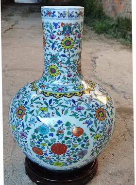 景德镇陶瓷花瓶手绘五彩天球瓶客厅插花摆设饰品