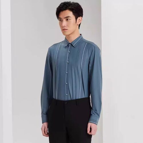 23CXC0171 0151S秋季新款商务透气舒适棉混纺翻领修身长袖衬衫男