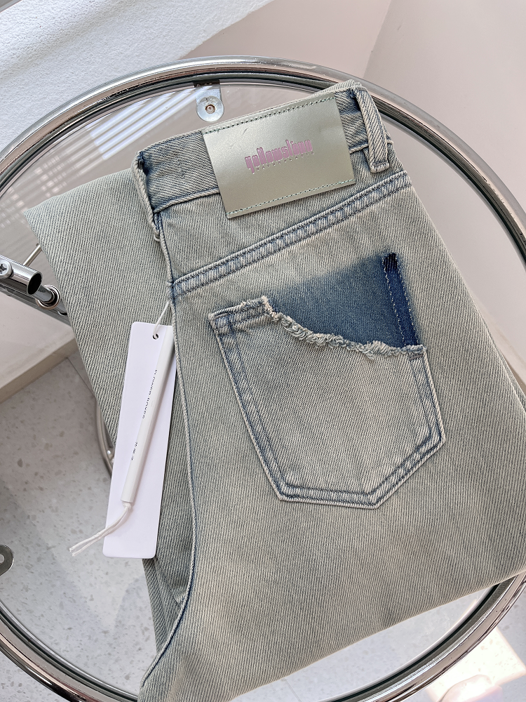 高品质2024春夏 复古怀旧破洞口袋设计高腰显瘦毛边阔腿牛仔裤女