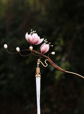 非遗手工绒花玉兰流苏步摇发簪