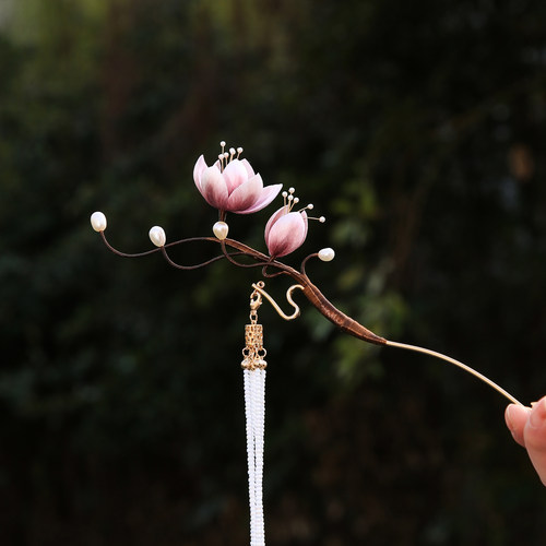 非遗手工绒花玉兰流苏步摇发簪