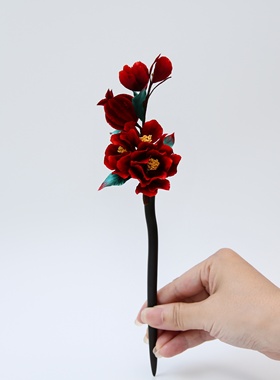 江南拾花 非遗手工绒花石榴花发簪女红色新娘结婚订婚秀禾服配饰