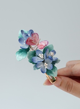 江南拾花 非遗手工婆婆纳蝴蝶绒花发夹日常清新丸子头侧边鸭嘴夹