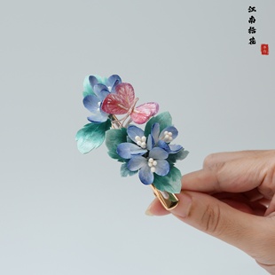 江南拾花 非遗手工婆婆纳蝴蝶绒花发夹日常清新丸子头侧边鸭嘴夹
