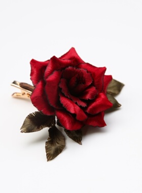 江南拾花非遗手工绒花烧边玫瑰花发夹侧边夹红色新娘发饰古风饰品