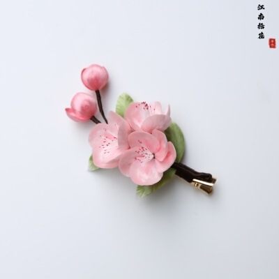 非遗手工蚕丝粉色桃花绒花发夹