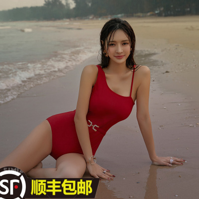 女连体三角红色速干游泳衣