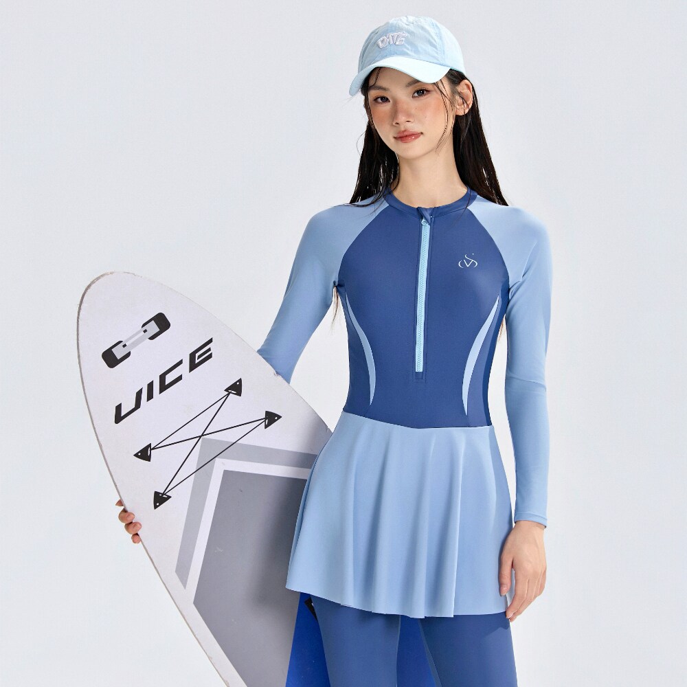 速干保守连体裙式全身长袖长裤两件套大码遮肚显瘦白防晒女游泳衣