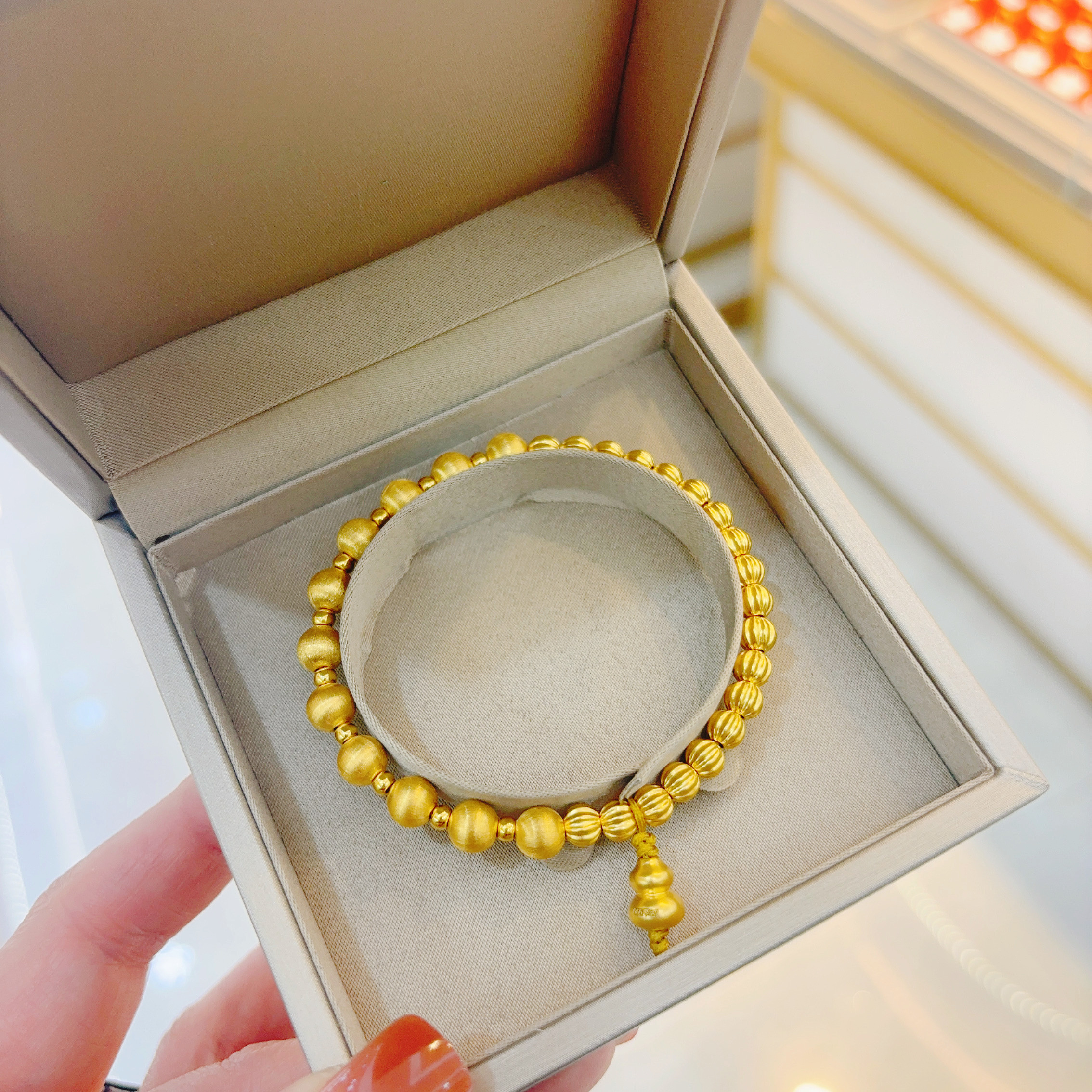 黄金南瓜珠手链女足金999猫眼拉丝转运珠金珠手串手链送女友礼物