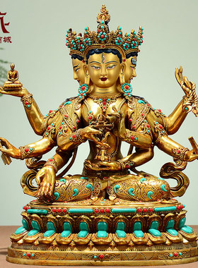 藏村彩珠镶嵌《尊胜佛母》室内家用鎏金《朗觉玛》桌面铜佛像摆件