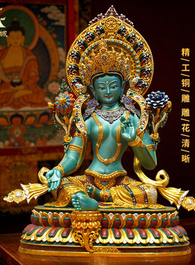 彩绘精工绿度母铜佛像摆件