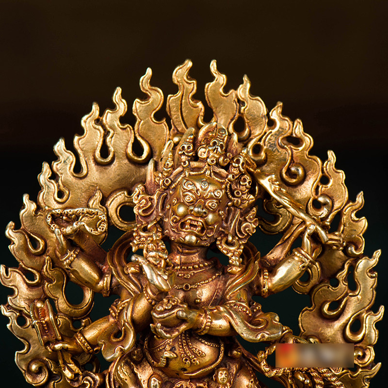 六臂玛哈嘎拉摆件 尼泊尔铜全鎏金雕花5寸大黑天财神居家摆件
