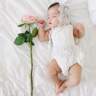 婴儿摄影主题服装 女宝宝百天照蕾丝帽纯棉连体哈衣影楼道具公主装