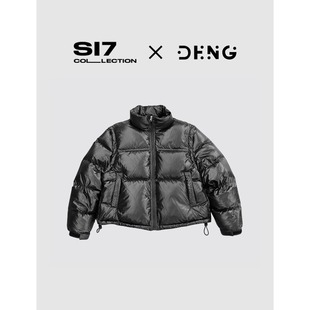 DENG 黑色短款立领抽绳袖子两穿可拆卸鸭绒羽绒服短外套女NNB023