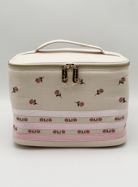 petit trouver 玫瑰花刺绣竹节棉手提长方大化妆包 杂物收纳包