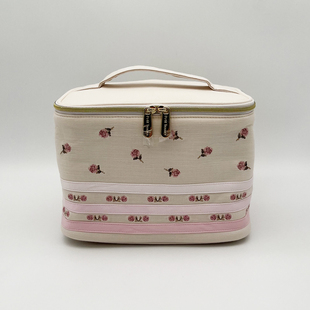 petit trouver 玫瑰花刺绣竹节棉手提长方大化妆包 杂物收纳包