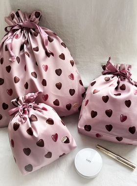 petit trouver 甜美爱心巧克力图案粉色抽绳收纳袋大中小三个尺寸