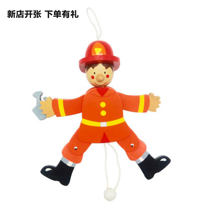 外贸木制拉线玩偶消防员拉线人提线人偶宝宝玩具可动关节小木偶人图片