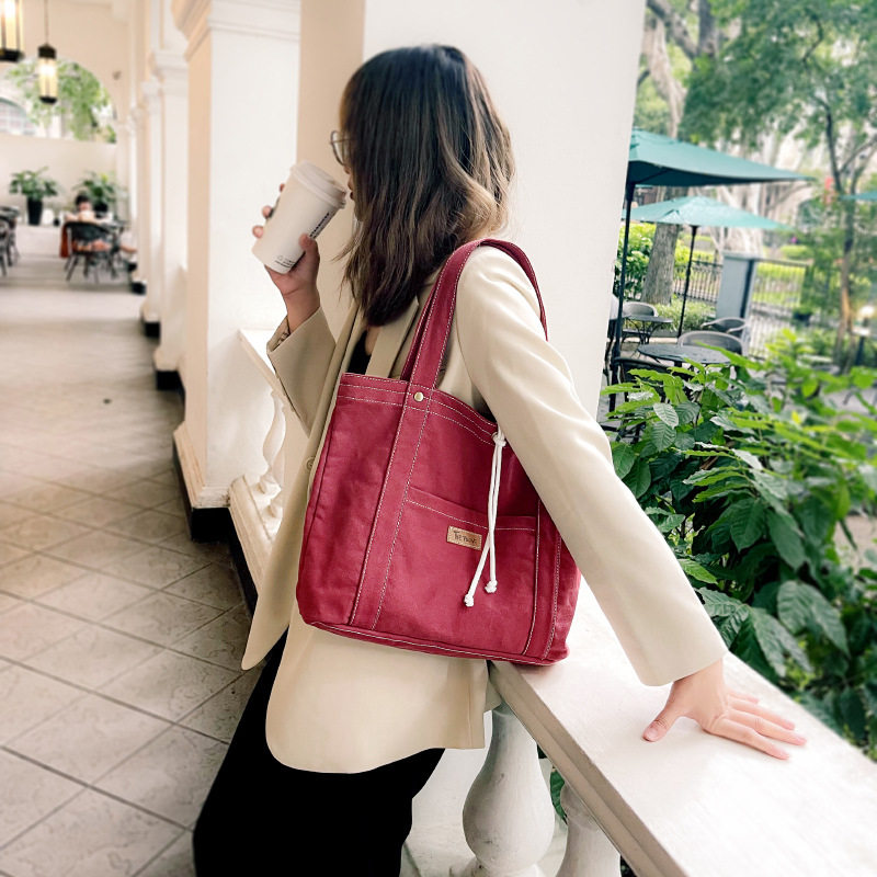 水洗帆布包大容量森系文艺单肩女 复古纯色手提布包百搭简约百搭C