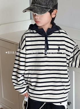 童乐鱼儿童条纹连帽卫衣2025春新款男女童韩版半拉链套头衫99155