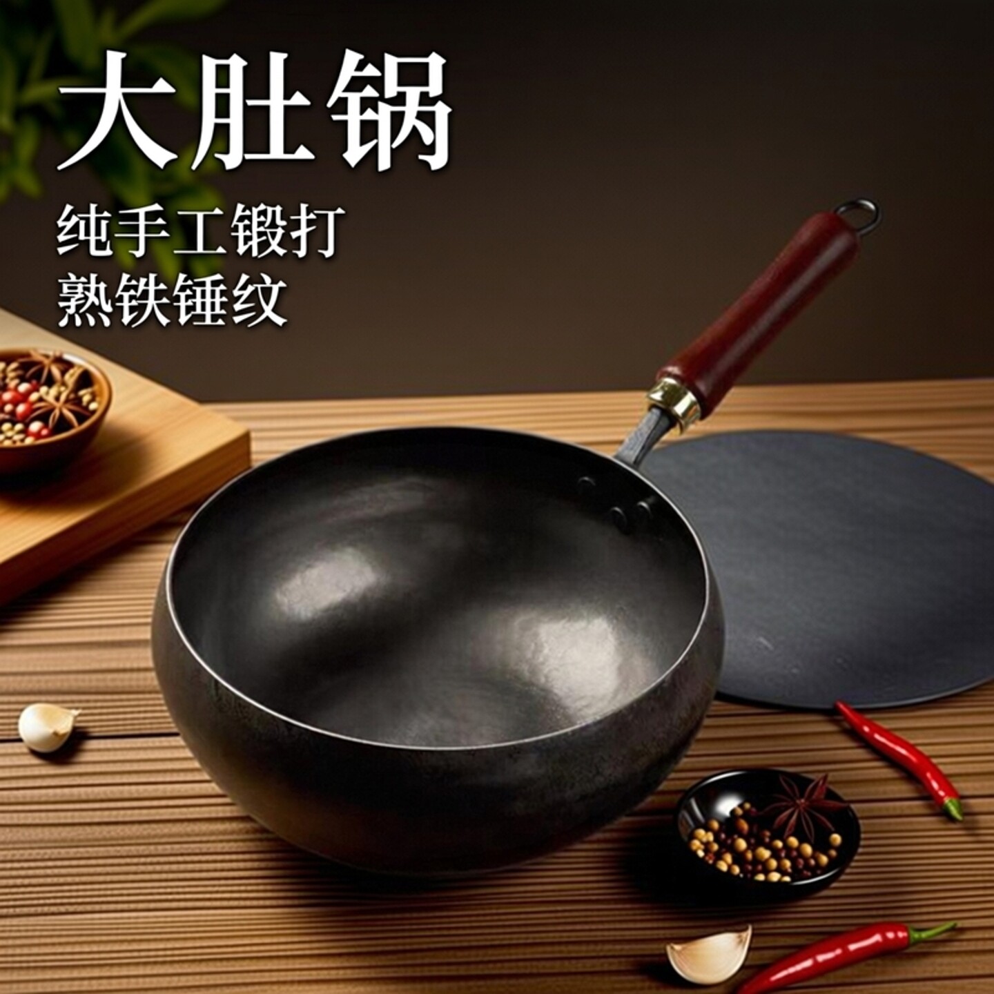 大肚锅纯手工锻打熟铁锤纹镜面加厚加深平底电磁炉章丘铁锅不粘锅