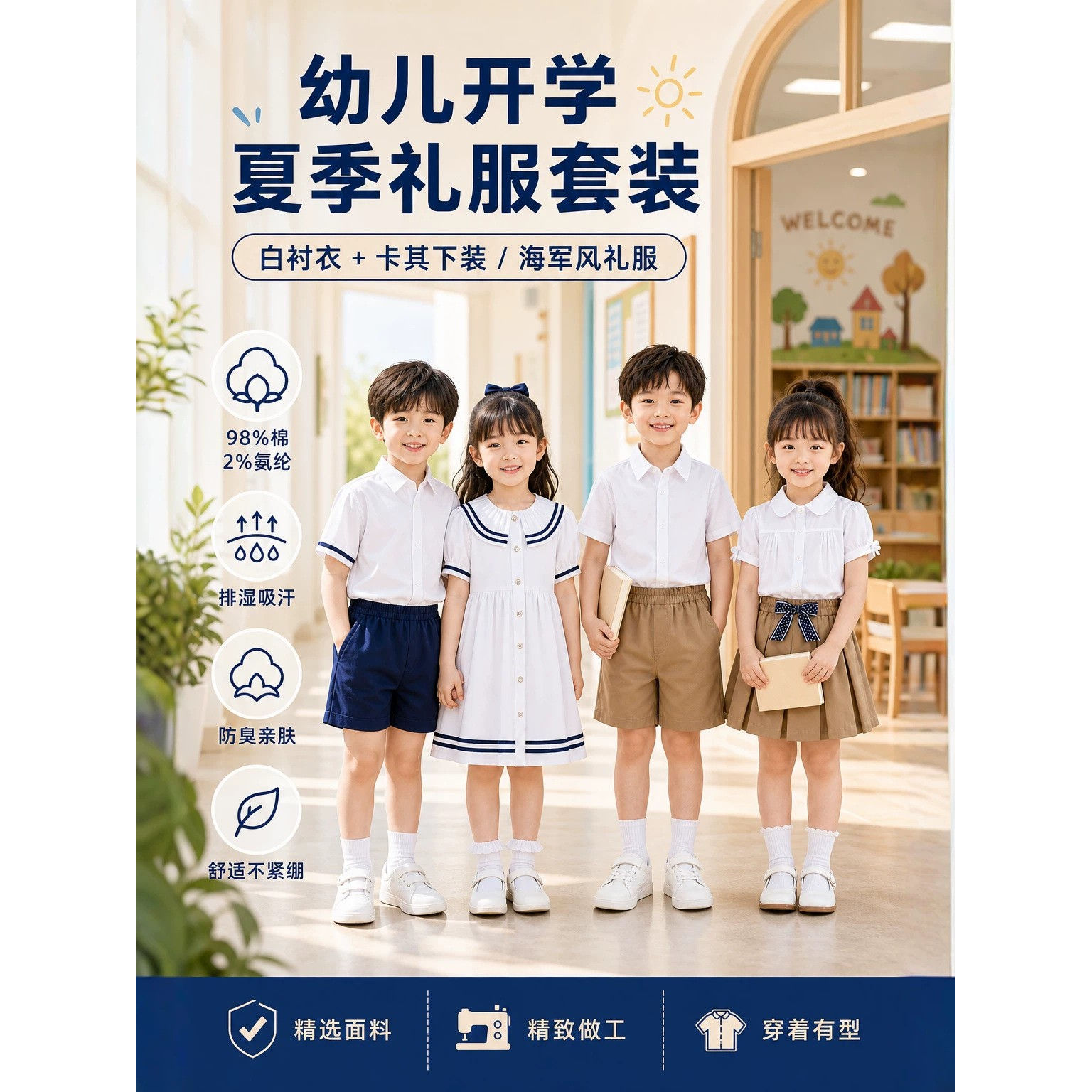 幼儿园夏季校服套装男女童短袖白衬衫卡其色短裤百褶裙班服园服毕