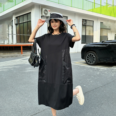 休闲连衣裙女夏季欧货大码胖mm遮肚子显瘦宽松洋气减龄直筒t恤裙