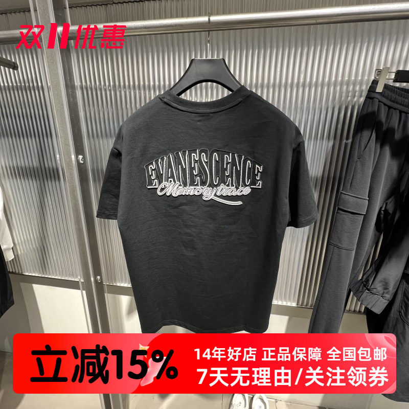 GXG男装2025夏季新品黑色贴布刺绣圆领短袖T恤潮流宽松G25A442061